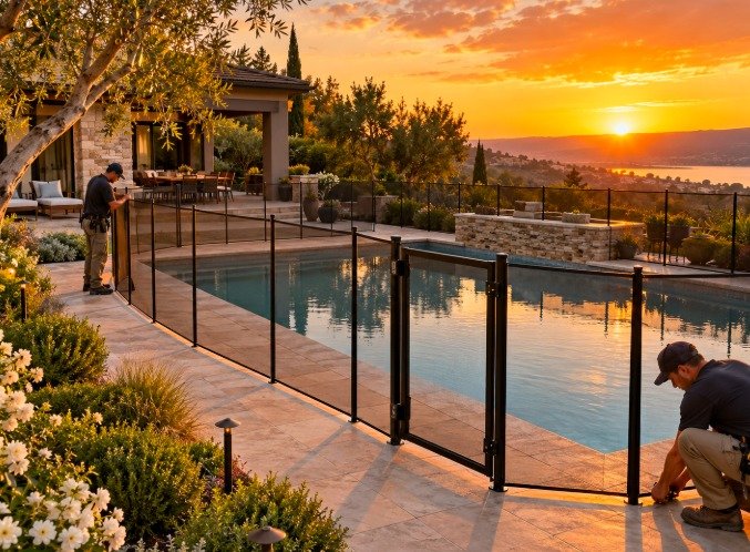 Pool fence installers working on a mesh fence at sunset overlooking the ocean in Rancho Palos Verdes