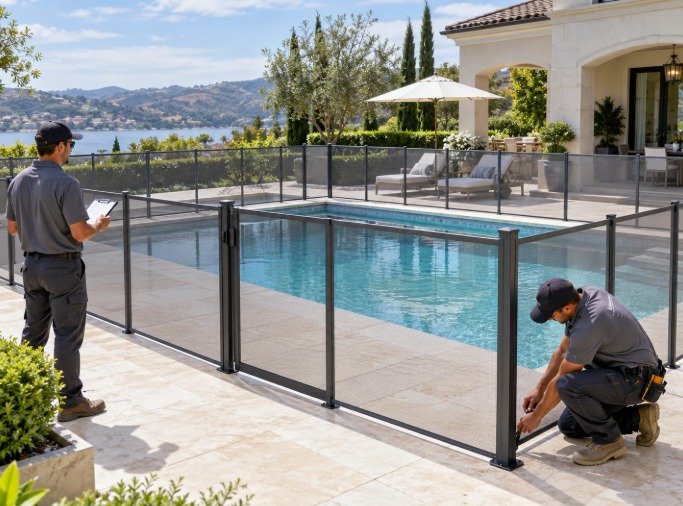 Technicians installing a gray mesh pool fence around a rectangular pool with coastal hill views in Rancho Palos Verdes