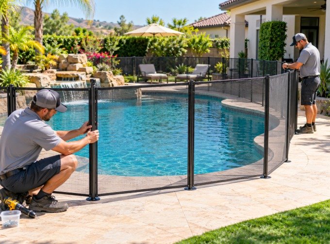 Mesh pool fence with a gate around a freeform pool and rock waterfall in a Santa Clarita hillside backyard