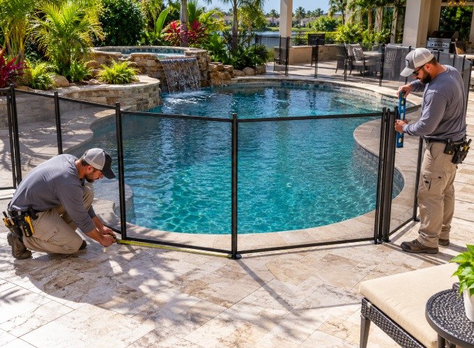 Installer measuring a mesh pool fence line on a travertine pool deck in Santa Clarita