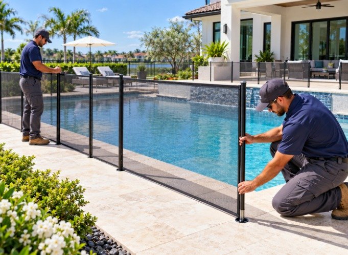 Installers setting black mesh pool fence poles around a modern pool in Torrance