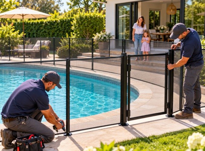 Crew installing a mesh pool fence with a self-latching gate as a family watches in Torrance