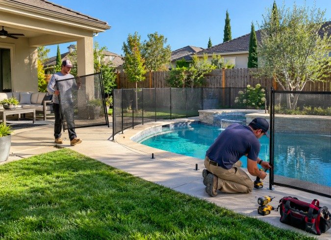 Installers setting up a mesh pool fence around a backyard pool next to a lawn in Whittier