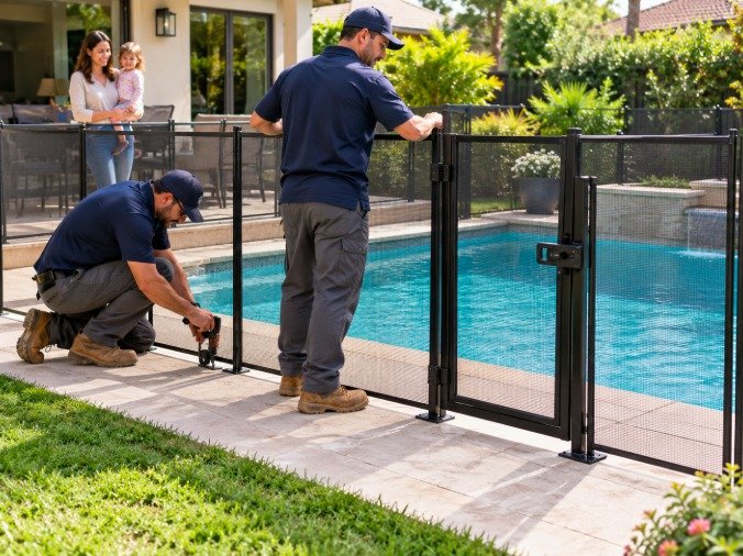 Pool fence crew installing a self-latching gate while a family watches in Whittier