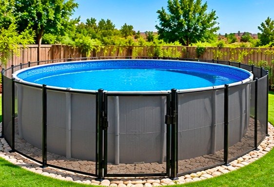 Mesh safety fence with a gate surrounding a round above-ground pool