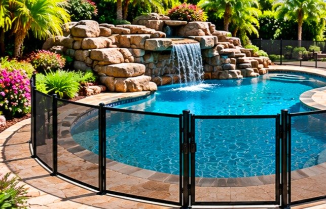 Mesh pool fence with a gate around a freeform pool with a rock waterfall