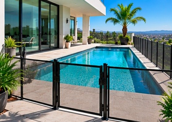 Mesh pool fence and gate around a long lap pool with city views
