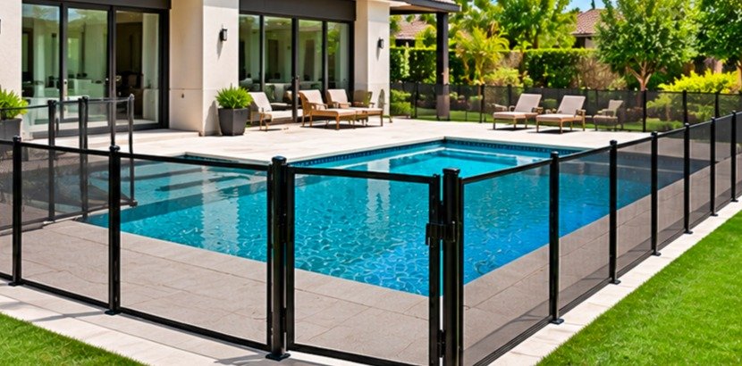 Black mesh pool fence with a gate around a rectangular backyard pool