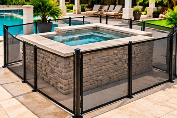 Mesh safety fence surrounding a raised stone spa next to a pool