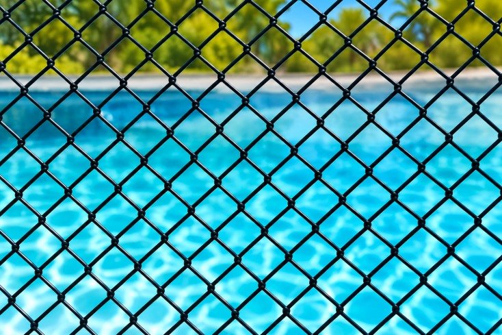 Close-up of fence mesh with pool water behind it