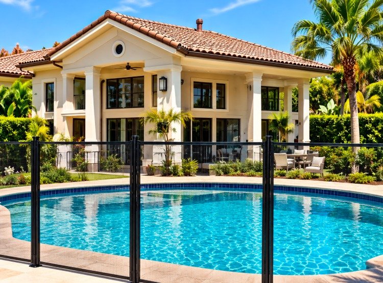 Custom removable pool fence around a round pool at a large home