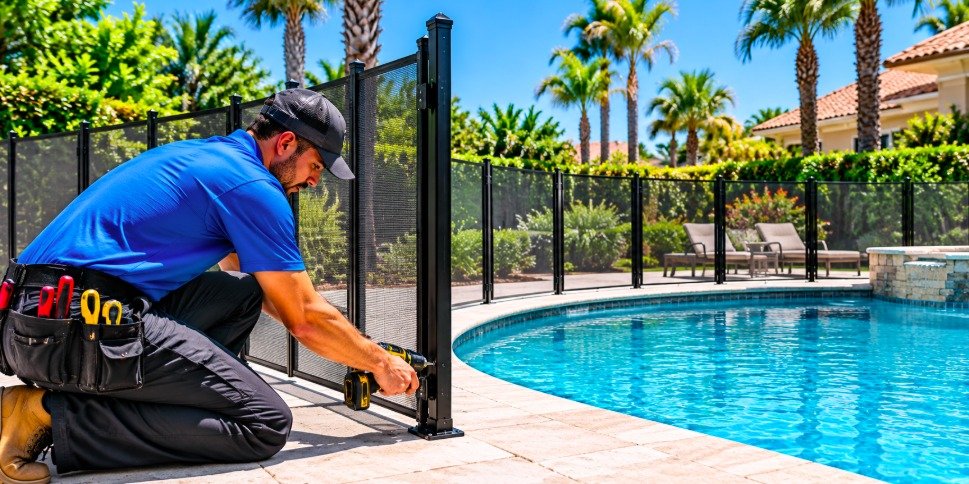 Technician installing a removable mesh pool fence