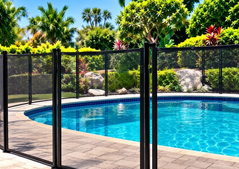 New mesh pool fence around a kidney-shaped pool