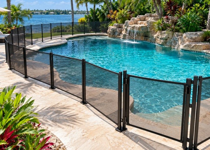 Portable mesh pool fence with a gate around a freeform pool with a waterfall