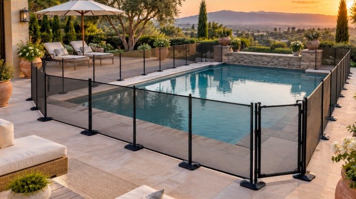 Temporary mesh pool fence on weighted bases around a pool at sunset