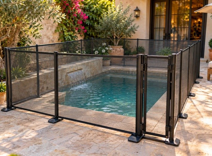 Portable mesh pool fence with a gate on weighted bases around a small courtyard pool