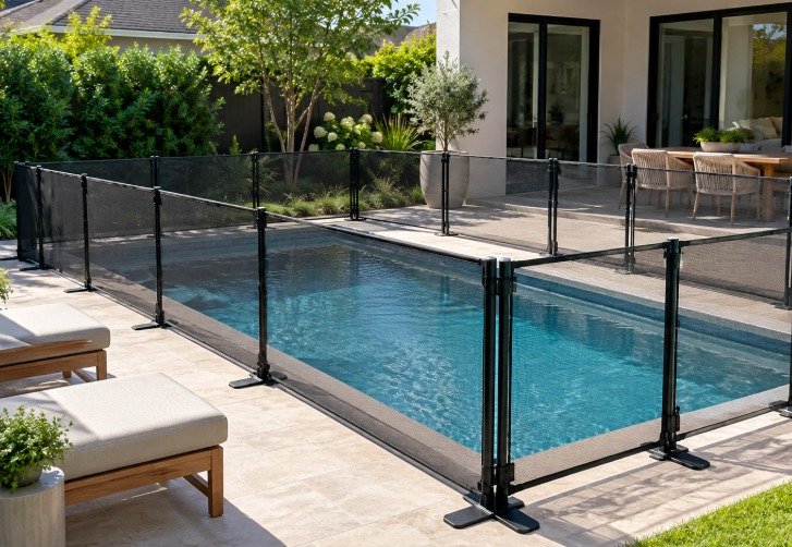 Modular portable mesh pool fence panels on weighted bases around a rectangular pool
