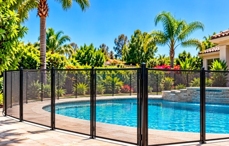 Temporary pool fence around a pool with a spa