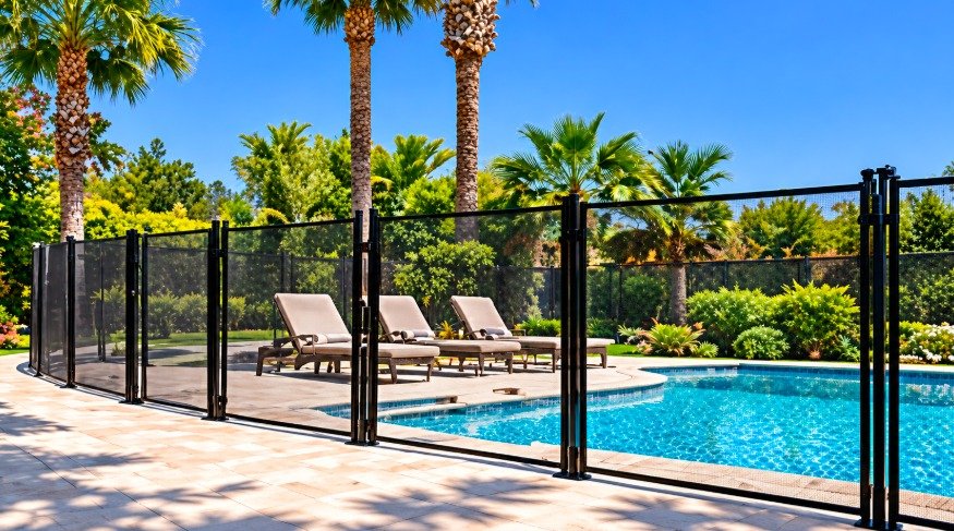 Removable mesh pool fence around a Los Angeles backyard pool with palm trees